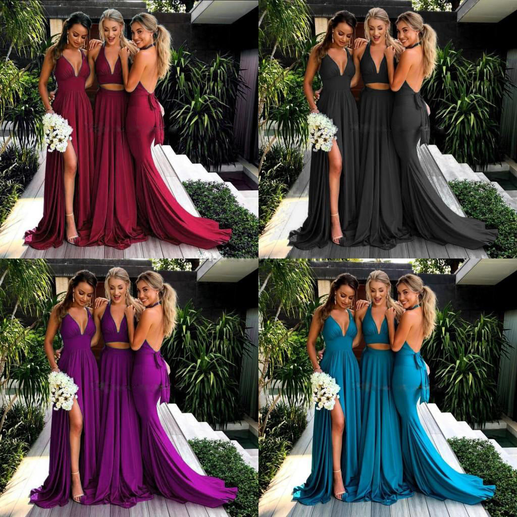 2020 Summer New European And American Foreign Trade Women's Clothing Amazon Cross-border New Strap Deep V Dress Bridesmaid Dress New