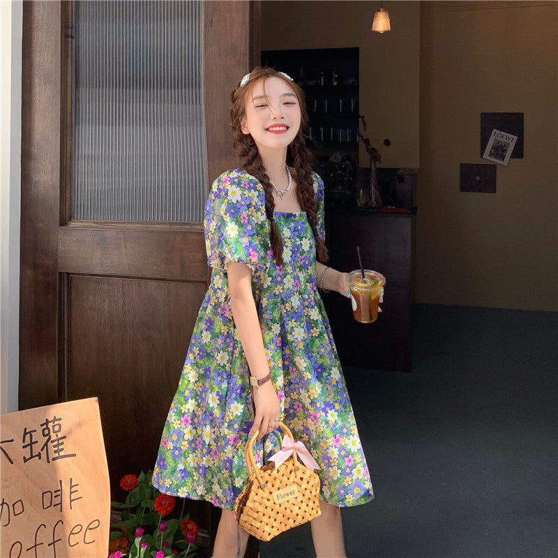 New Arrival Summer Floral Princess Dress, Square Collar, Lantern Sleeves, Short Sleeves
