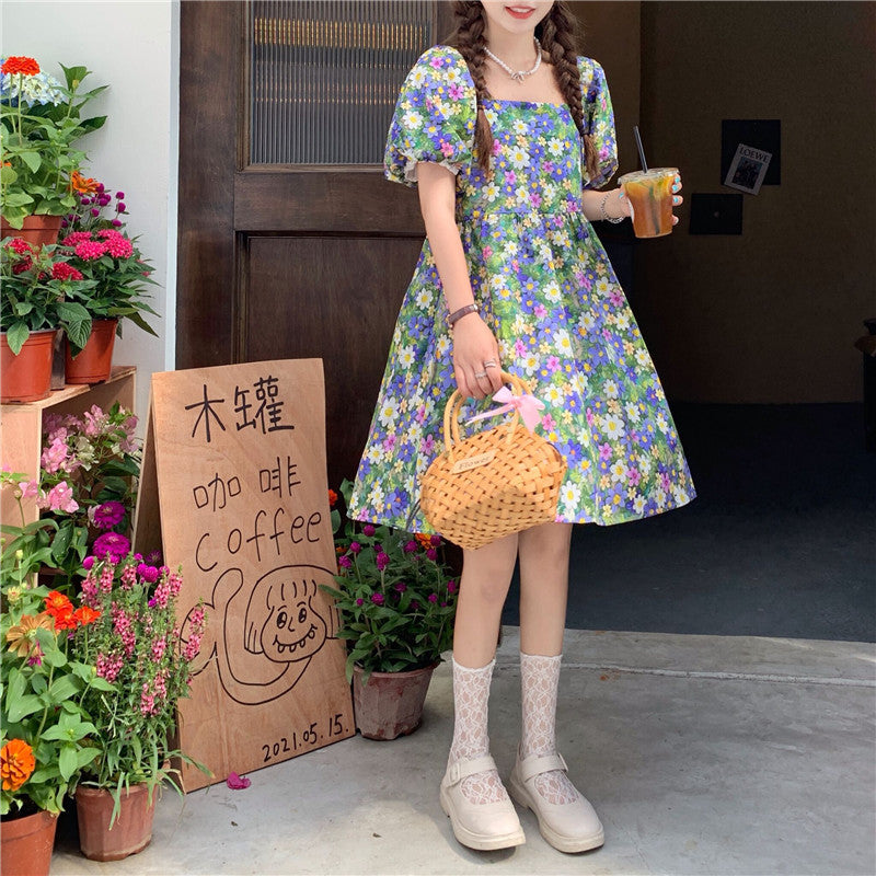 New Arrival Summer Floral Princess Dress, Square Collar, Lantern Sleeves, Short Sleeves