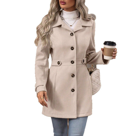 Mid-length Elegant Lapel Button Temperament Slim-fit Woolen Coat