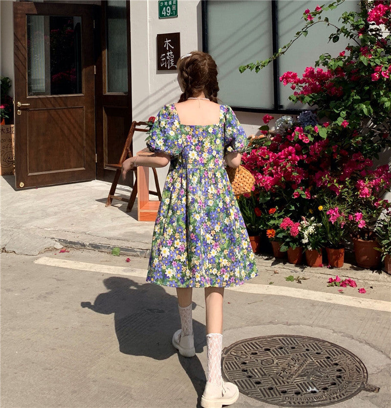 New Arrival Summer Floral Princess Dress, Square Collar, Lantern Sleeves, Short Sleeves