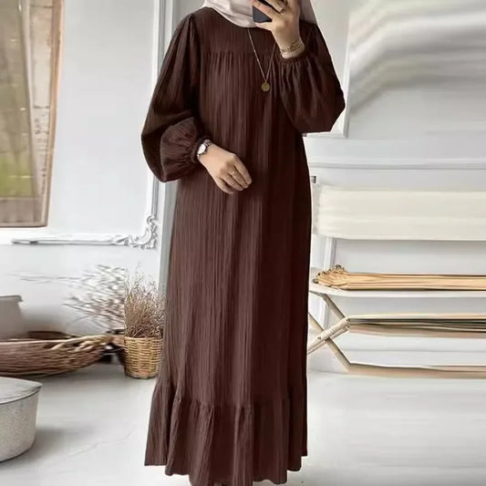 2024 Muslim Women's Robe Spring And Autumn New Fashion Puff Sleeve Vintage Pocket Hem Ruffled Dress