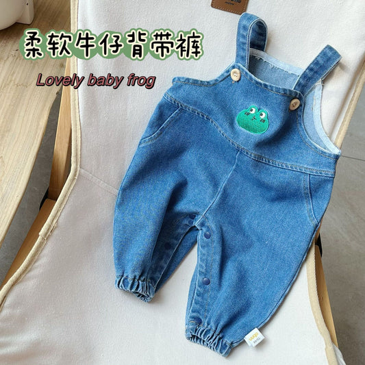 Spring New Baby Denim Overalls Baby Cartoon Frog Series 0-3 Years Old Washed Denim Pants