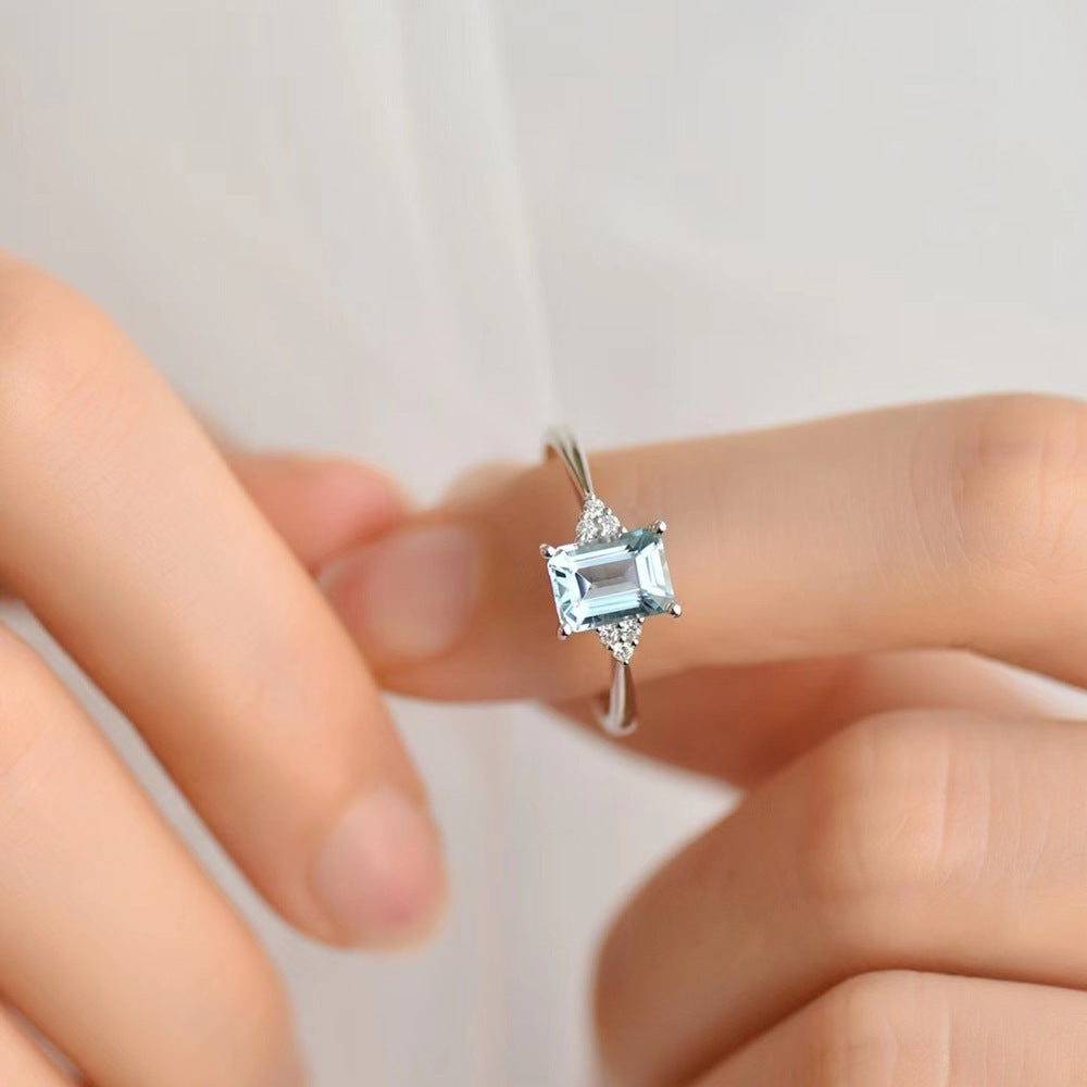 S925 Sterling Silver Square Ring Women's Niche Design Blue Aquamarine Finger Ring Fashion Light Luxury Open Finger Ring