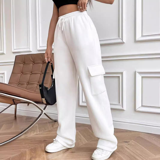 Women's New Fashion Side Purse Joker Solid Color Straight Wide Leg Pants
