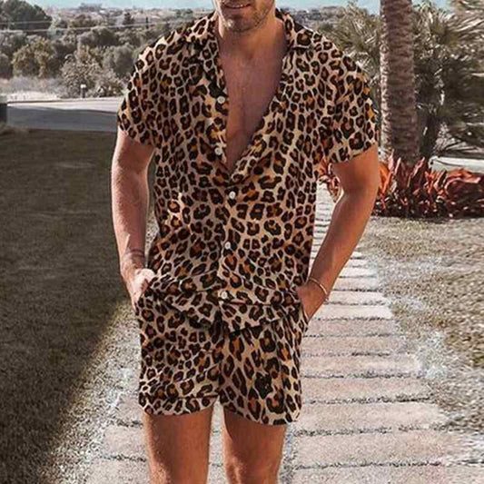 2023 Spring New Products Cross-border Exclusively For Independent Station Explosive Shirt Men's Loose Casual Two-piece Set Leopard Print Men's Clothing