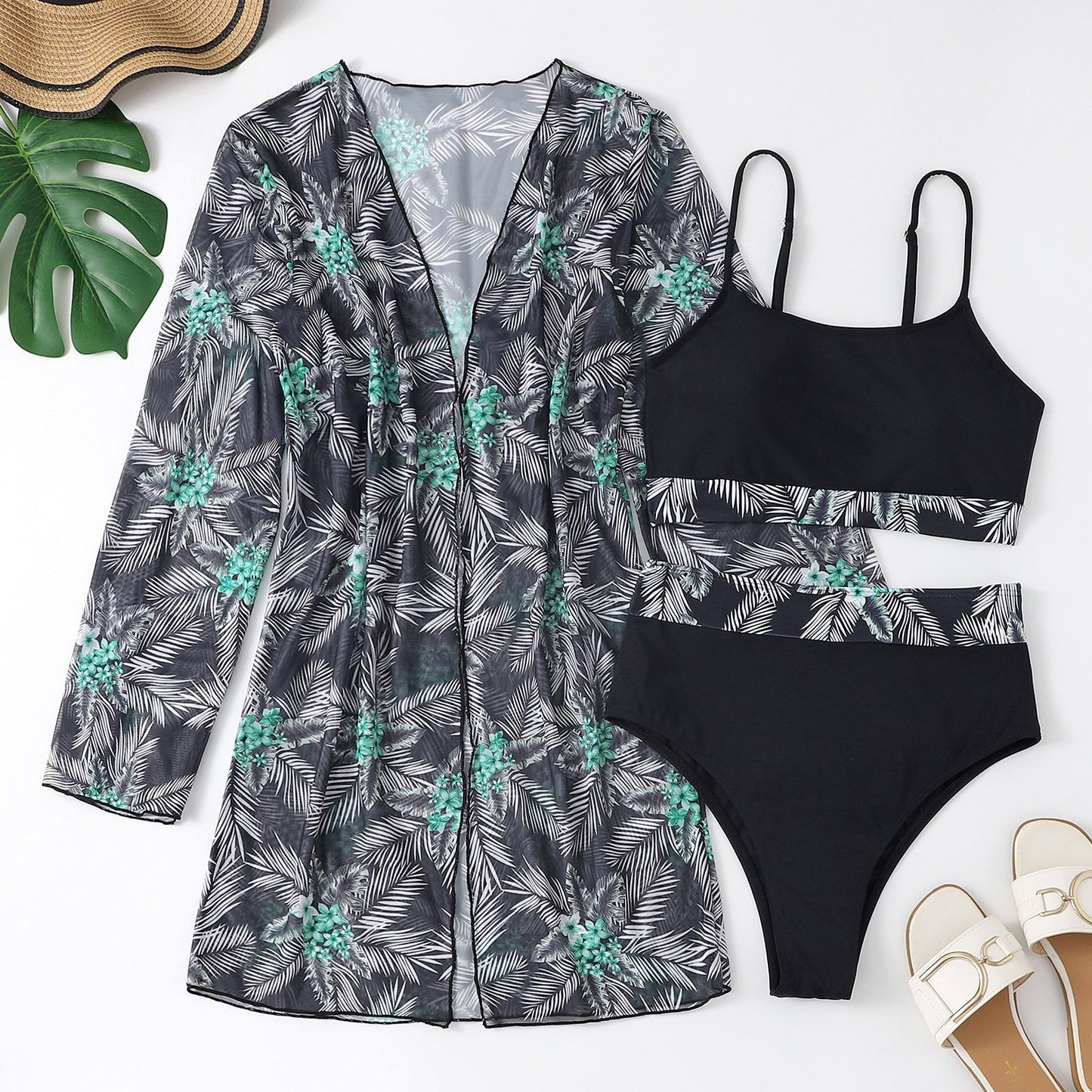 Swimsuit Female Split Three-piece High Waist Long Sleeve Ins Blouse Sunscreen