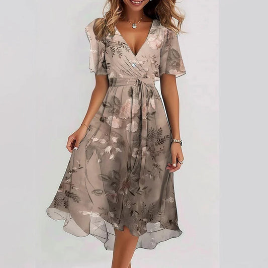 Chiffon Printed Women Sexy Elegant Light Mature V-Neck Dress