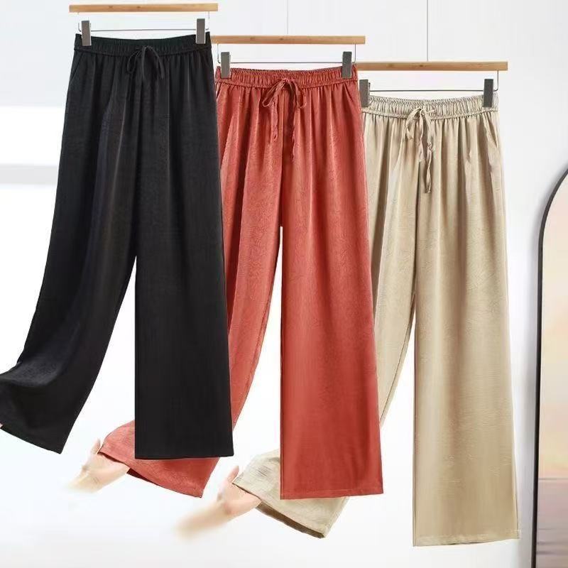New Chinese Acetic Acid Satin Jacquard Wide Leg Pants Women's Spring And Summer Thin High Waist Dosing Narrow Style Straight Style National Style Casual Pants