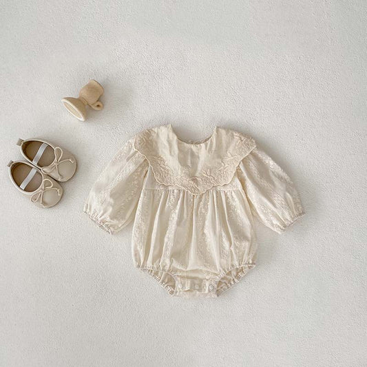 2024 Korean Style Baby Jumpsuit Spring And Autumn New Solid Color Triangle Khaki Doll Collar Baby Girl Embroidered Skirt