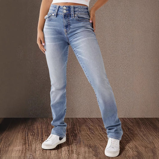 Spring Festival New Double Button Mid-waist Straight Jeans Women's Slim-fit Elegant Pants