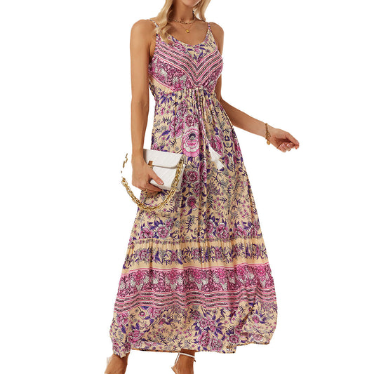 Amazon New Women's Cross-border New Foreign Trade Bohemian Sling Dress Printed Holiday Beach Dress