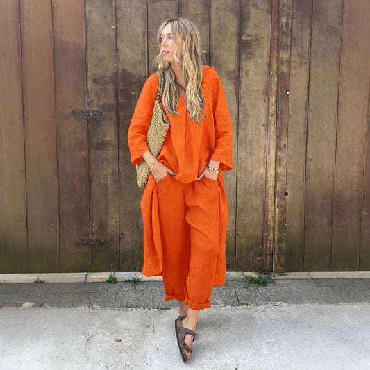 Women's 2-piece Set Plus Size Cotton And Linen Shirt Suit High Waist Loose Trousers