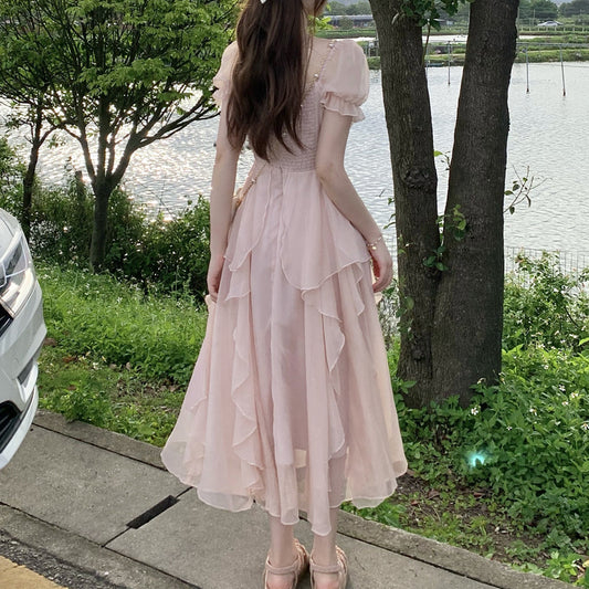 New Temperament French Square Collar New Gentle Long Dress Women's Short-sleeved Summer Skirt