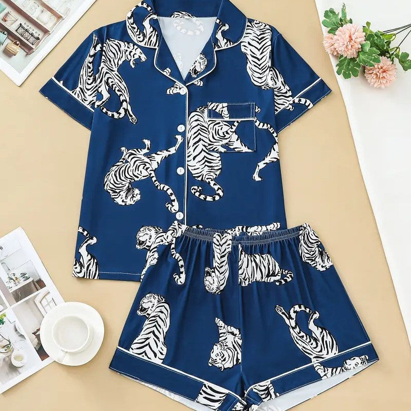 New Amazon Independent Station Hot Selling 3D Women's Short Sleeve Pajamas Suit With Cuff And Pocket Home Clothes