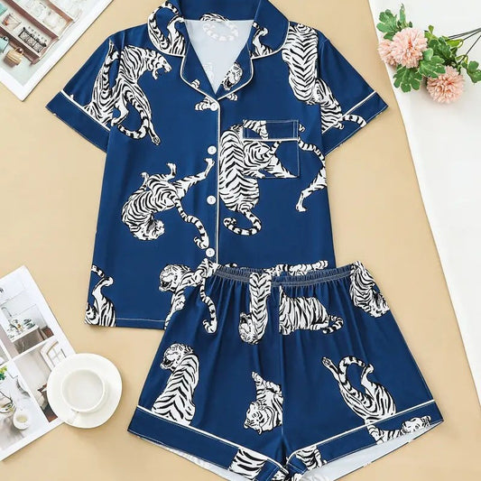 New Amazon Independent Station Hot Selling 3D Women's Short Sleeve Pajamas Suit With Cuff And Pocket Home Clothes