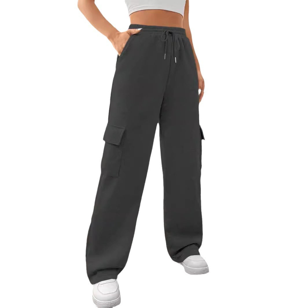 Women's New Fashion Side Purse Joker Solid Color Straight Wide Leg Pants