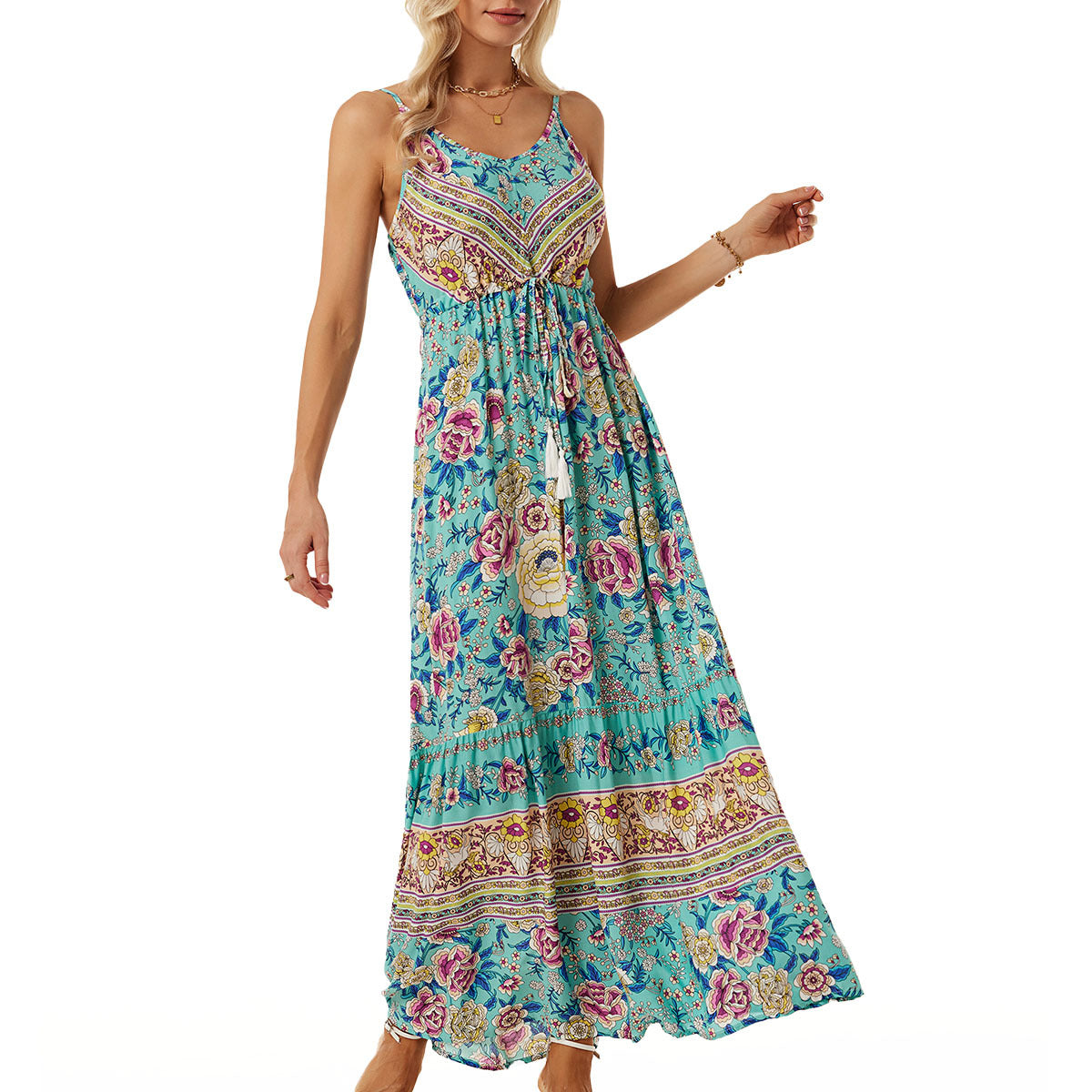 Amazon New Women's Cross-border New Foreign Trade Bohemian Sling Dress Printed Holiday Beach Dress