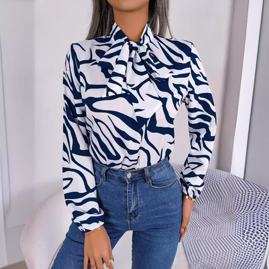 Summer TUEN New Arrival Bow Long Sleeve Elegant Striped Shirt Top