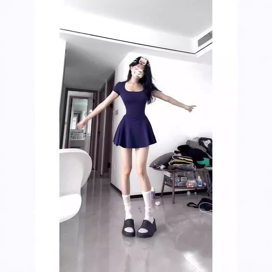 New Style Pure Desire Square Neck Short Sleeve Elegant Pure Color Dress Tight Stretch Spice Girl A- Line Short Skirt