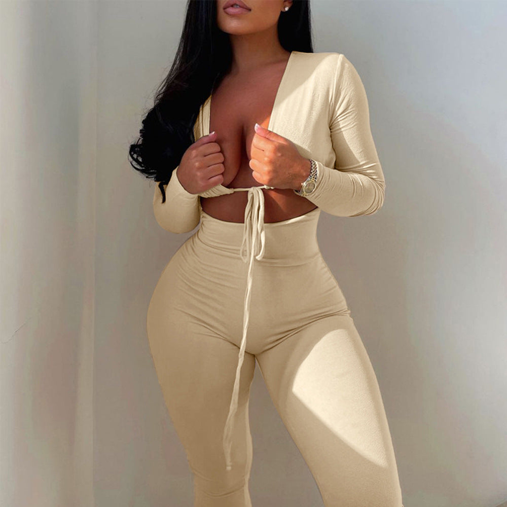 Women's New Solid Color Sexy Navel Lace-up Hollow Long Sleeve Slim-fit Pants