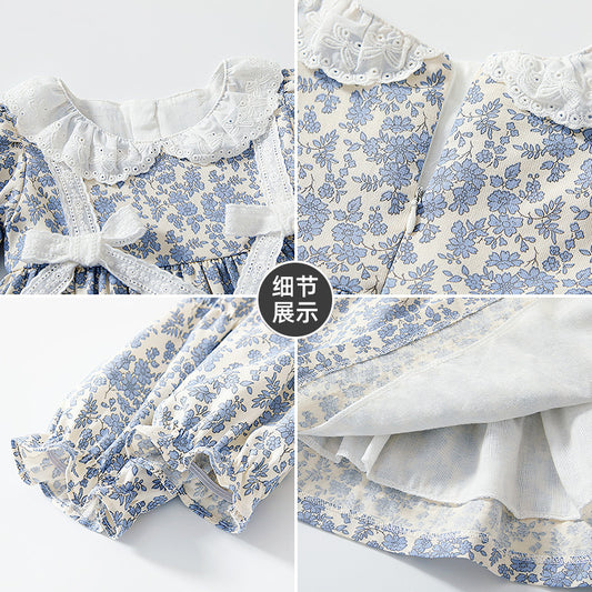 Children's Princess Dress Autumn New Floral Mori Dress Lace Bow Long Sleeve Baby Baby Skirt Wholesale