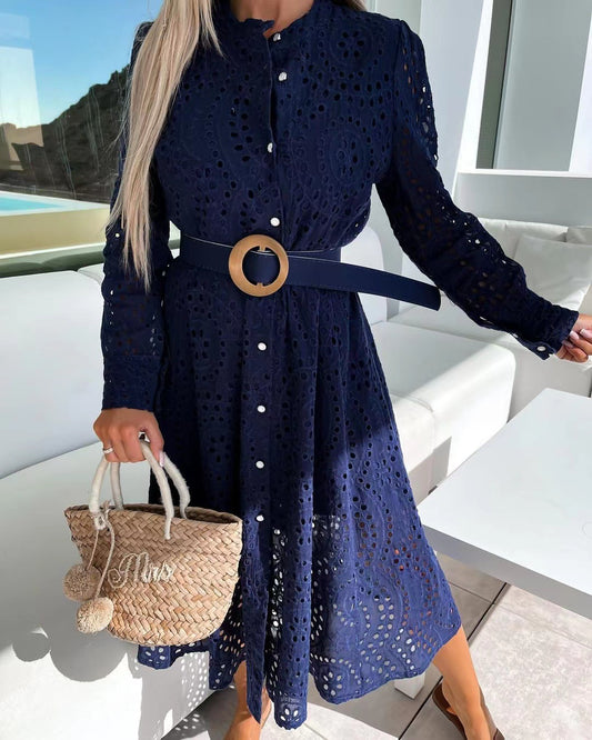 2022 European And American Cross-border New Products Amazon AliExpress Casual Lace Round Neck Belt Long Dress Women