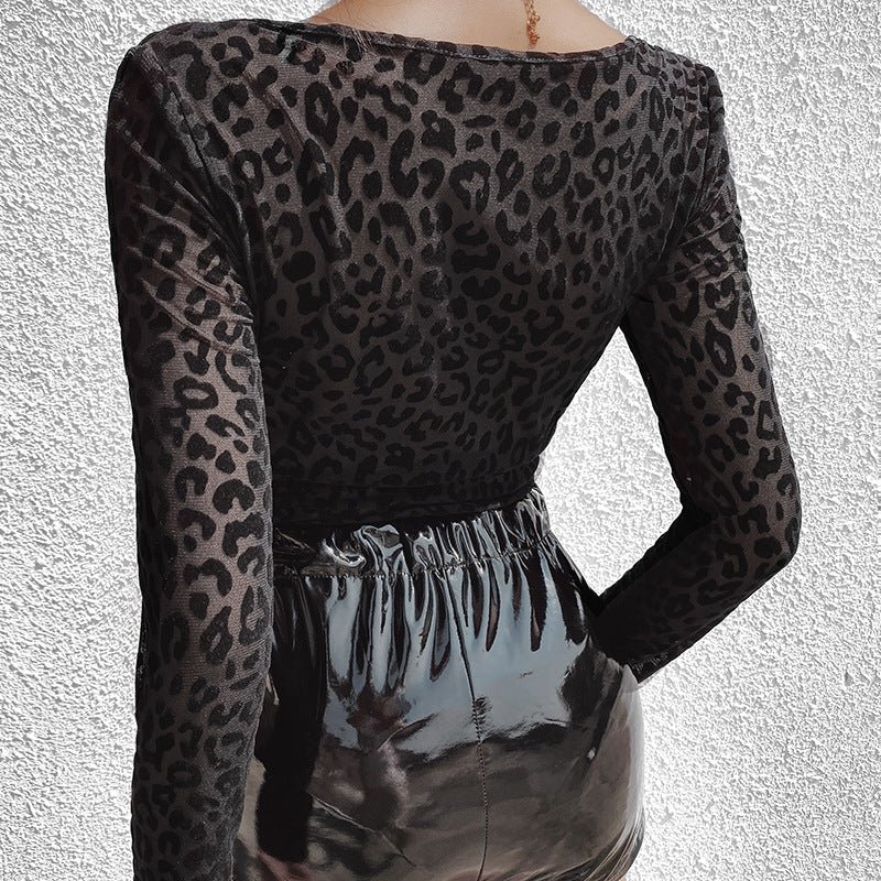 93542 Sexy See-through Mesh Leopard Print Stitching Jumpsuit Women&#039;s Long-sleeved Square-neck Mesh Slim Fit Base Coat