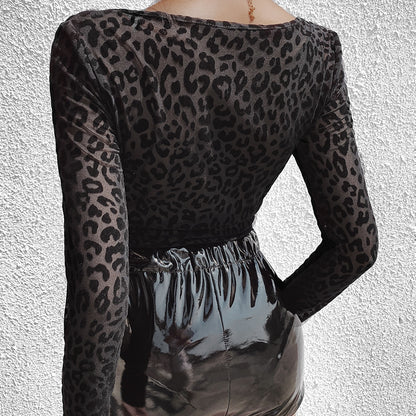 93542 Sexy See-through Mesh Leopard Print Stitching Jumpsuit Women&#039;s Long-sleeved Square-neck Mesh Slim Fit Base Coat