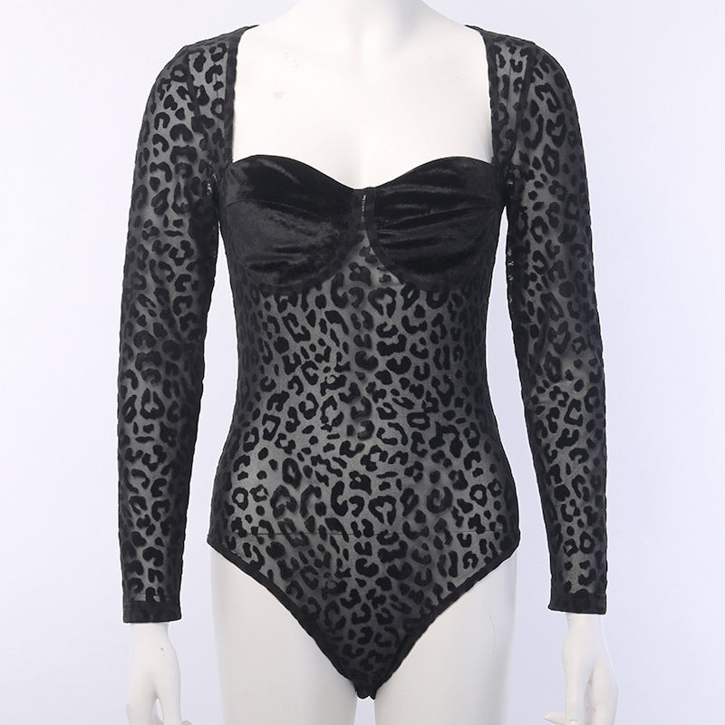 93542 Sexy See-through Mesh Leopard Print Stitching Jumpsuit Women&#039;s Long-sleeved Square-neck Mesh Slim Fit Base Coat