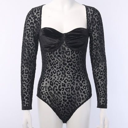93542 Sexy See-through Mesh Leopard Print Stitching Jumpsuit Women&#039;s Long-sleeved Square-neck Mesh Slim Fit Base Coat