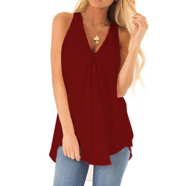 New Summer New Hot Style Hem Loose Sleeveless Solid Color Top Chiffon Shirt