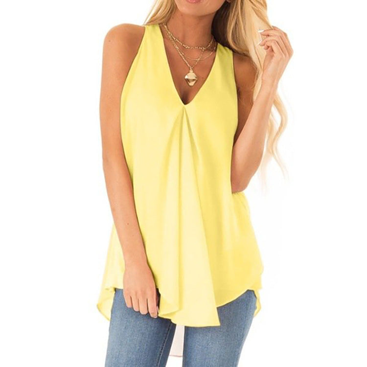New Summer New Hot Style Hem Loose Sleeveless Solid Color Top Chiffon Shirt