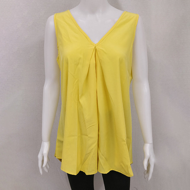 New Summer New Hot Style Hem Loose Sleeveless Solid Color Top Chiffon Shirt