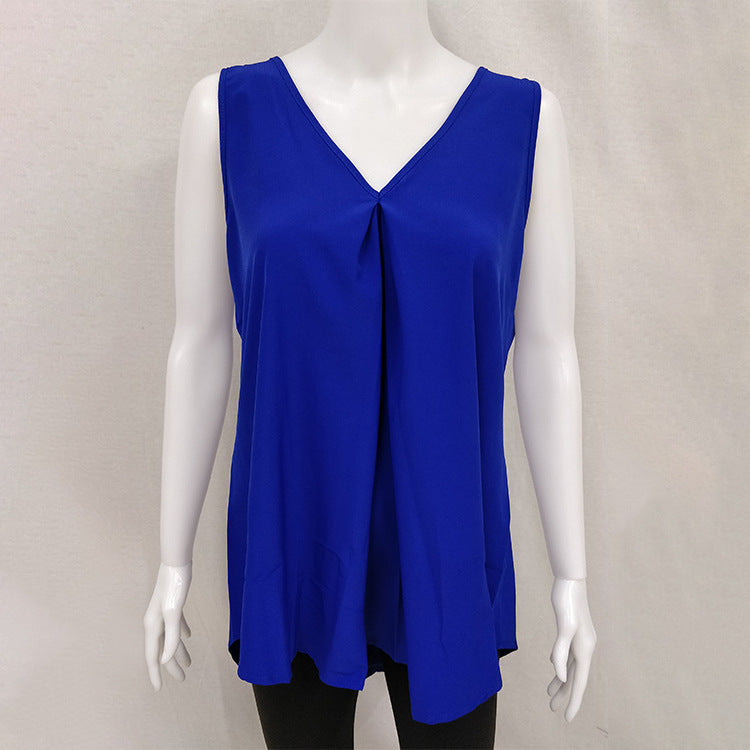 New Summer New Hot Style Hem Loose Sleeveless Solid Color Top Chiffon Shirt