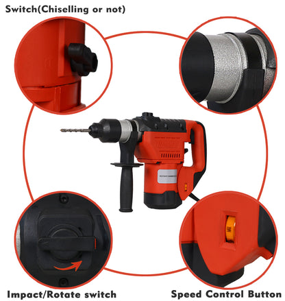 Rotary Hammer 1100W(Red + Black) 1-1/2&quot;  SDS Plus Rotary Hammer Drill 3 Functions