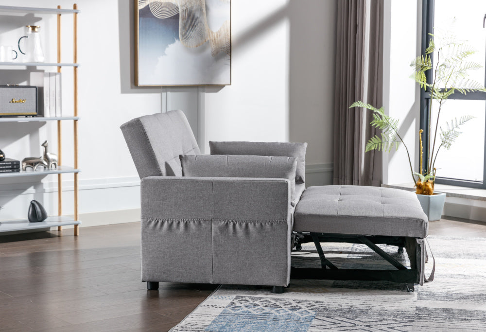 Light Grey Linen Fabric 3-in-1 Convertible Sleeper Loveseat with Side Pocket.