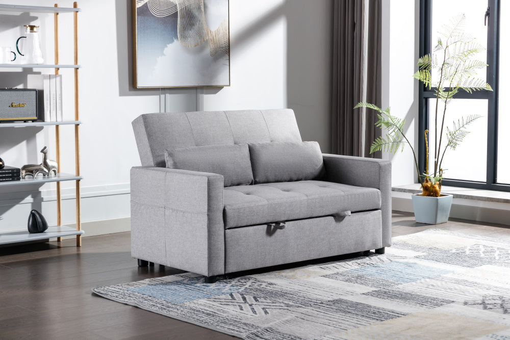 Light Grey Linen Fabric 3-in-1 Convertible Sleeper Loveseat with Side Pocket.