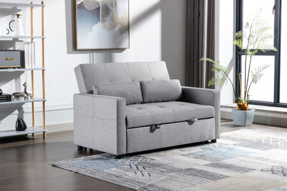 Light Grey Linen Fabric 3-in-1 Convertible Sleeper Loveseat with Side Pocket.