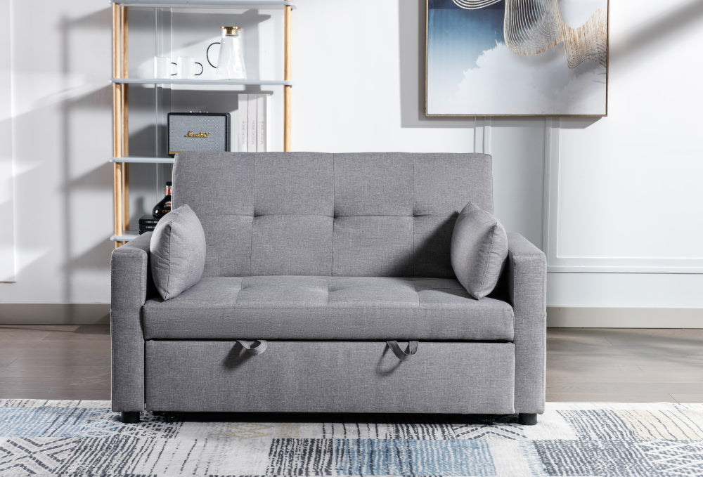 Light Grey Linen Fabric 3-in-1 Convertible Sleeper Loveseat with Side Pocket.