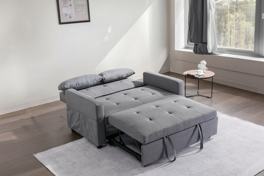 Light Grey Linen Fabric 3-in-1 Convertible Sleeper Loveseat with Side Pocket.