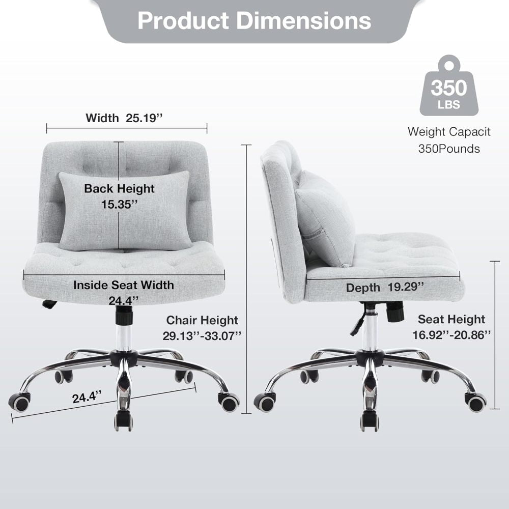 Armless Fabric Office Desk Chair with Wheels, Criss Cross Legged Wide Seat Chair, Modern Home Office Chair with Lumbar Pillow, Comfy Computer Task Chair for Small Space, Vanity Chair for Women, Girls