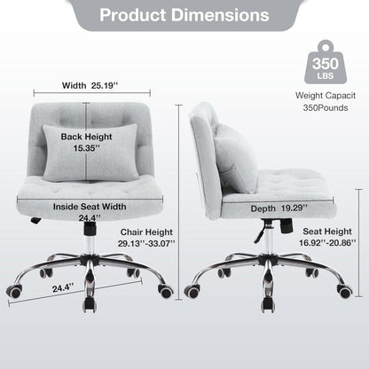 Armless Fabric Office Desk Chair with Wheels, Criss Cross Legged Wide Seat Chair, Modern Home Office Chair with Lumbar Pillow, Comfy Computer Task Chair for Small Space, Vanity Chair for Women, Girls