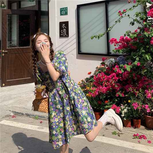 New Arrival Summer Floral Princess Dress, Square Collar, Lantern Sleeves, Short Sleeves