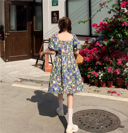 New Arrival Summer Floral Princess Dress, Square Collar, Lantern Sleeves, Short Sleeves
