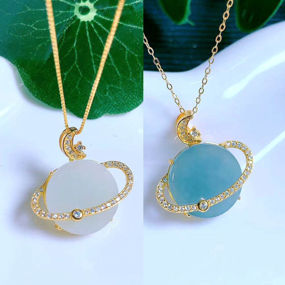S925 Silver Gold-plated Natural Hetian Jade Jade A Goods Sun, Moon And Stars Pendant Necklace Ancient Light Luxury Clavicle Chain Batch