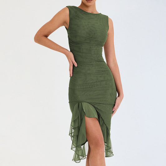 New Fashion Mesh Tight Backless Irregular Pleated Dress Summer Women