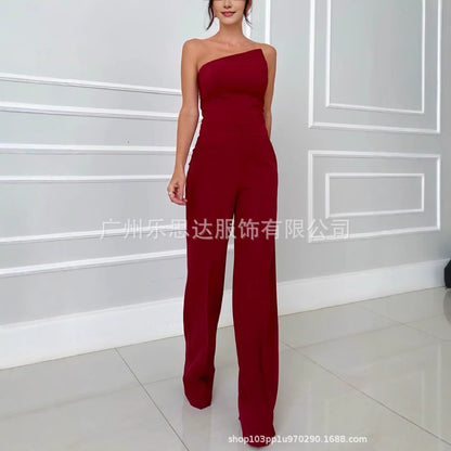 Women&#039;s Clothing High Waist Elegant Strapless Short Top High Waist Pocket Wide Leg Pants Suit Women