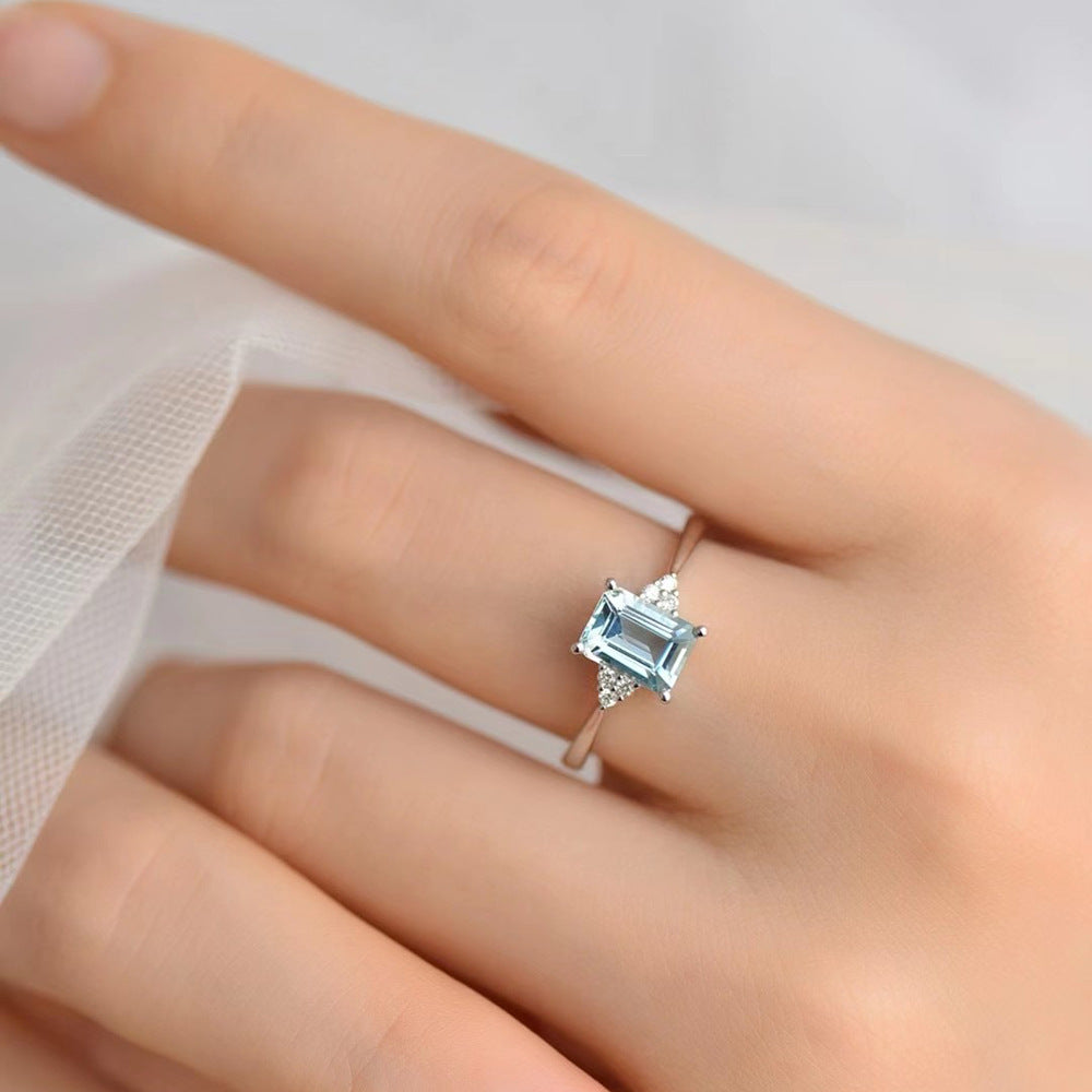 S925 Sterling Silver Square Ring Women&#039;s Niche Design Blue Aquamarine Finger Ring Fashion Light Luxury Open Finger Ring