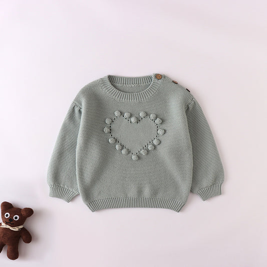 2023 New Autumn Baby Girl Baby Sweet Handmade Ball Knitted Love Hollow Pullover Top